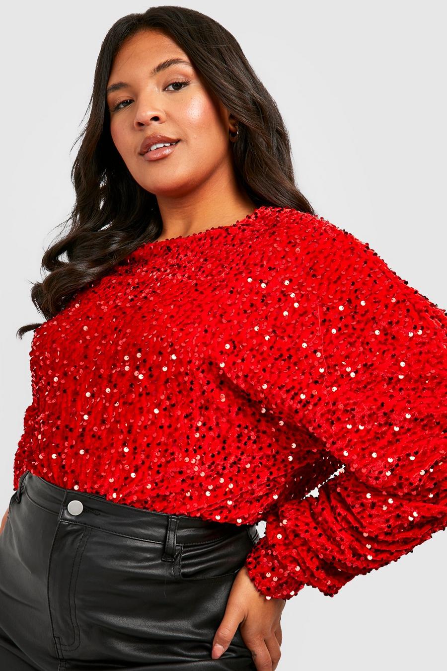 Body Plus Size a maniche lunghe in velluto con paillettes, Red image number 1