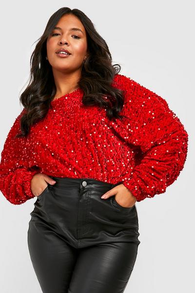 boohoo red Plus Velvet Sequin Long Sleeve Bodysuit