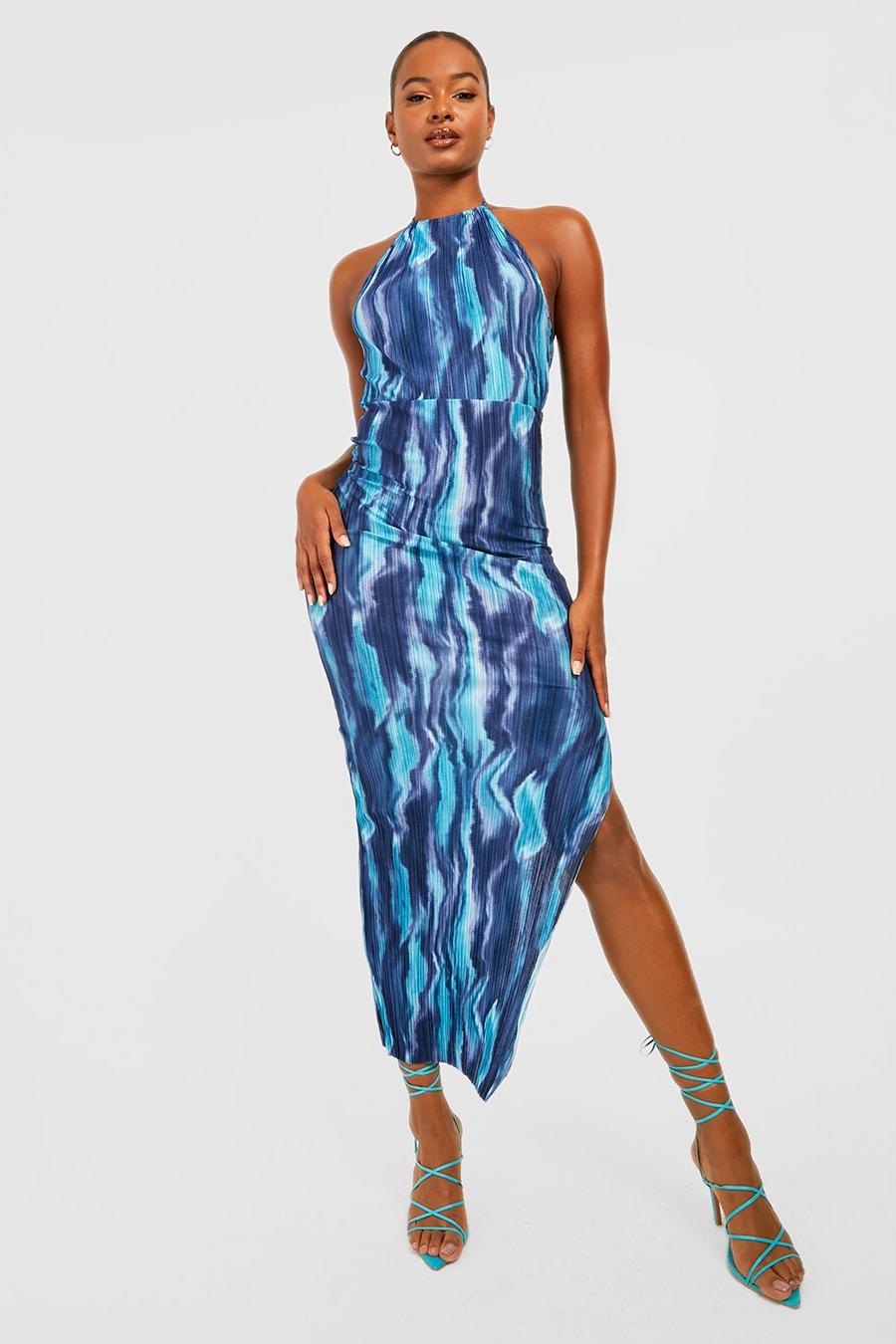Blue Tall Printed Plisse Pleated Split Midi Dress image number 1