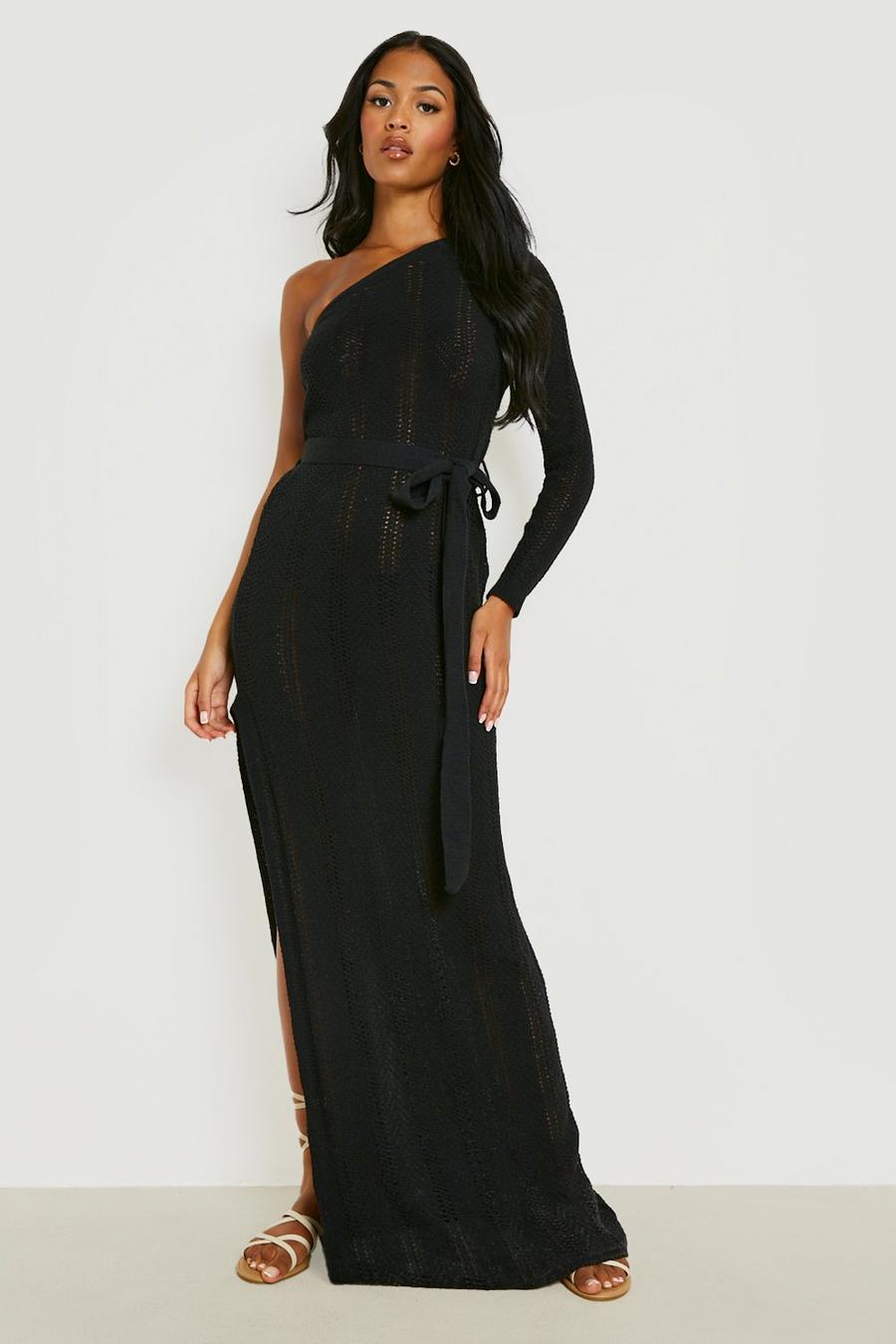 Black Tall Crochet One Sleeve Maxi Beach Dress