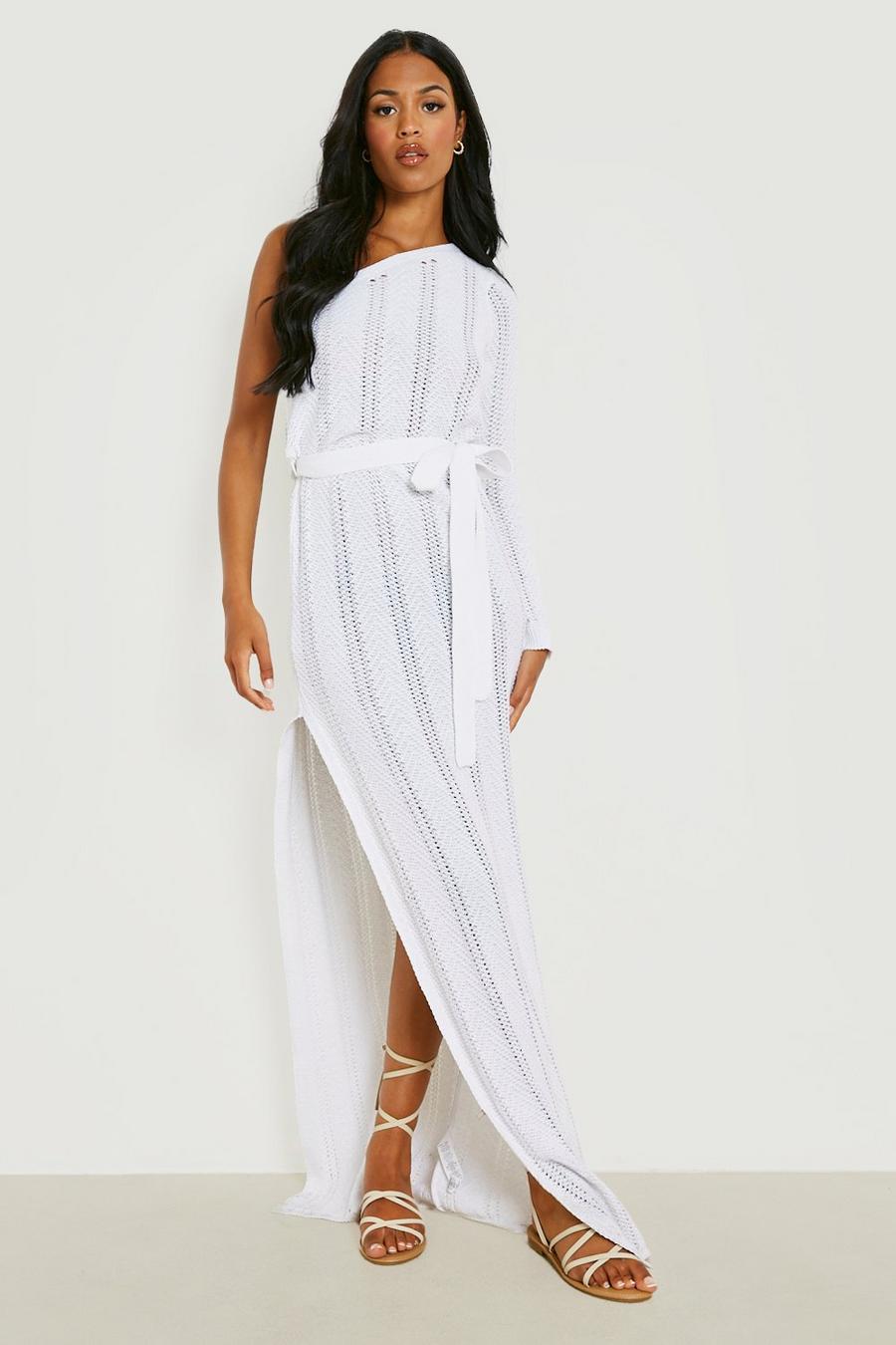 White Tall Crochet One Sleeve Maxi Beach Dress image number 1