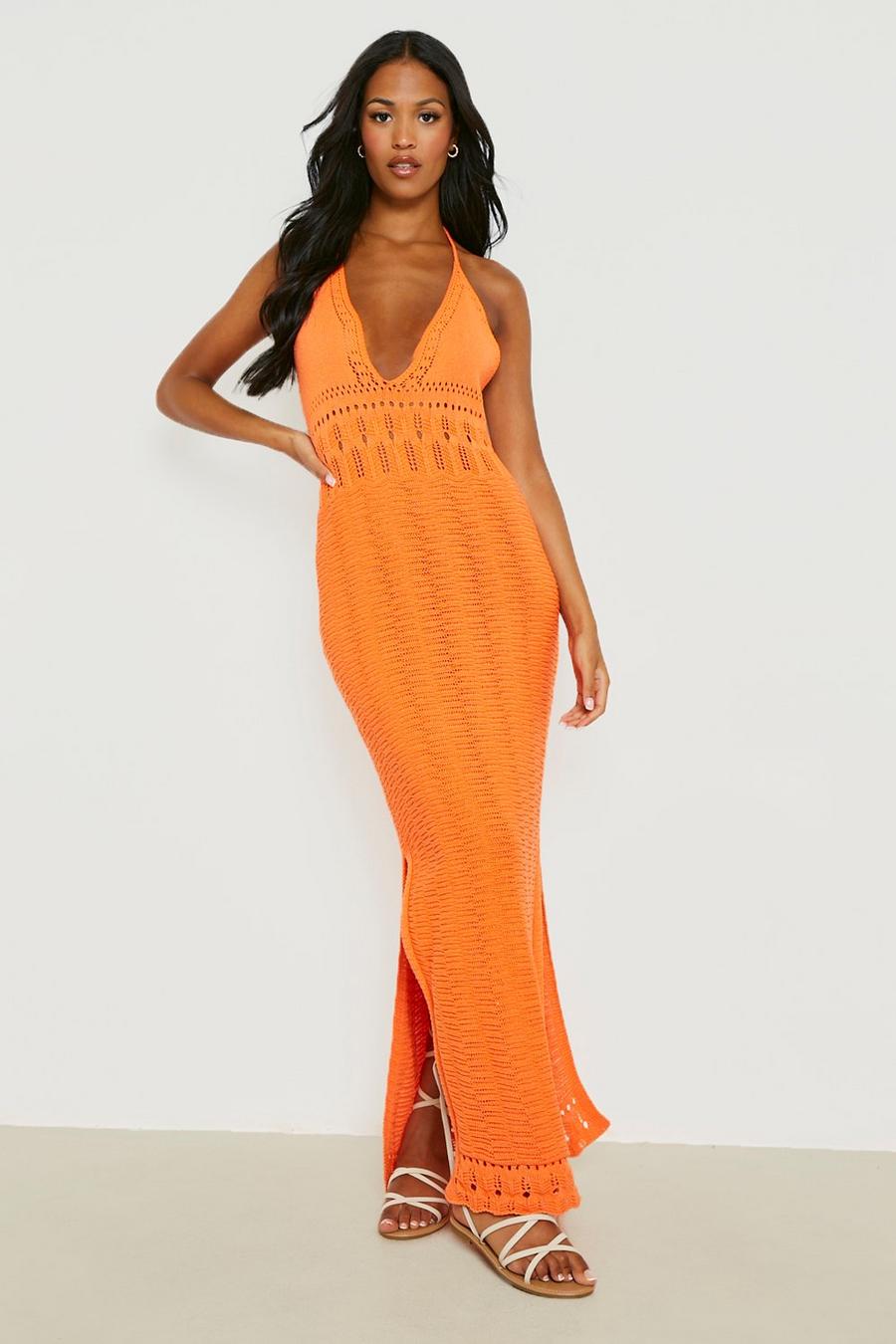 Orange Tall Halter Neck Crochet Midi Beach Dress
