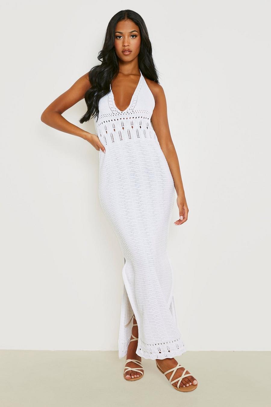 White Tall Halter Neck Crochet Midi Beach Dress image number 1