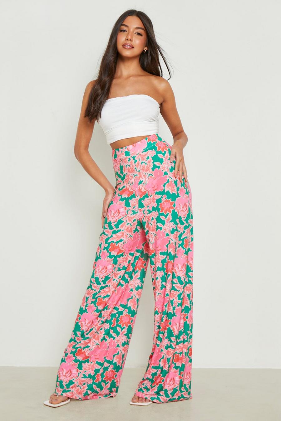 Green Floral High Waisted Wide Leg Trousers image number 1