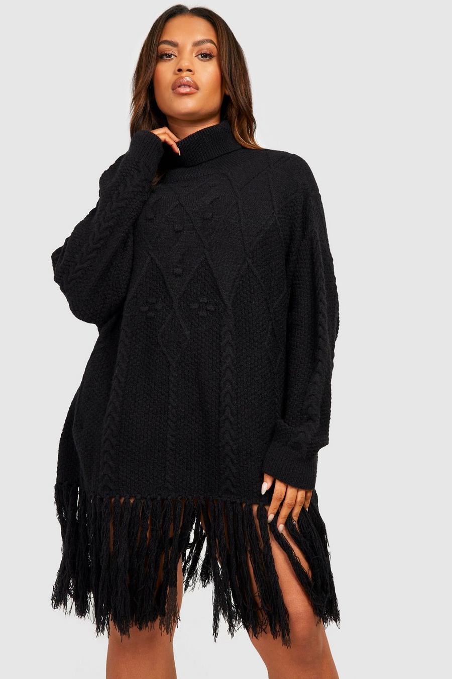 Black Plus Turtleneck Cable Knit Tassel Sweater Dress
