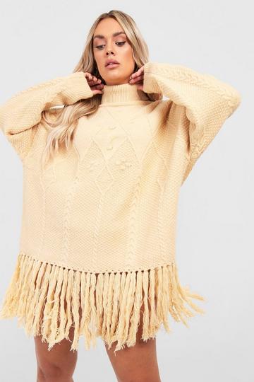 Plus Turtleneck Cable Knit Tassel Sweater Dress stone
