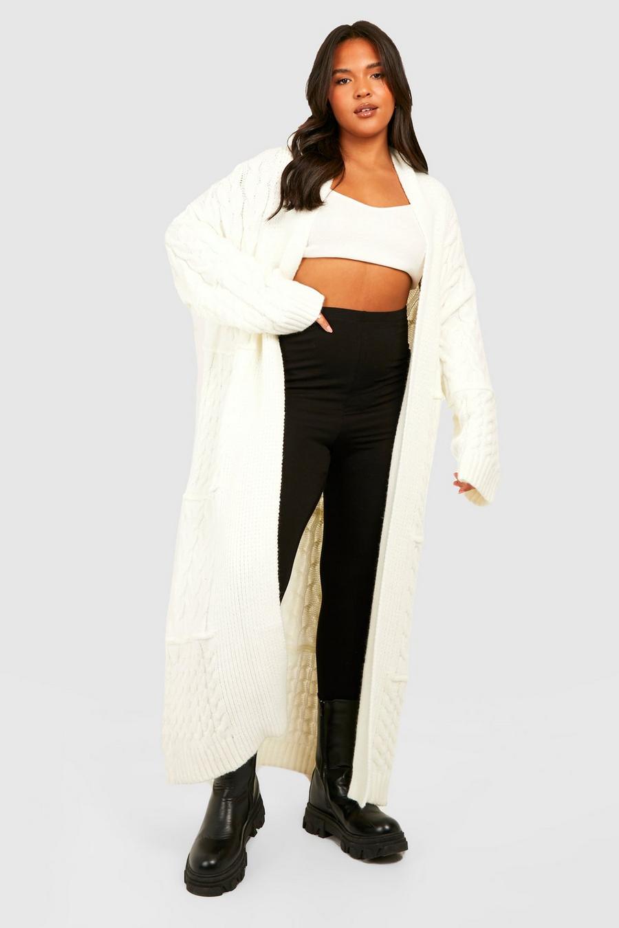 Cream white Plus Mixed Chunky Cable Knit Maxi Cardigan 