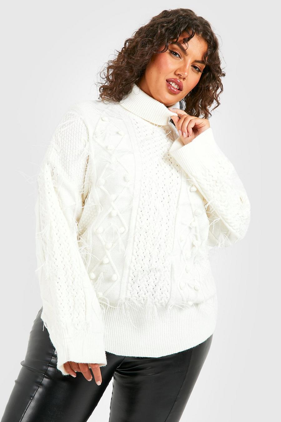 Cream Plus Roll Neck Feather Cable Knit Jumper image number 1