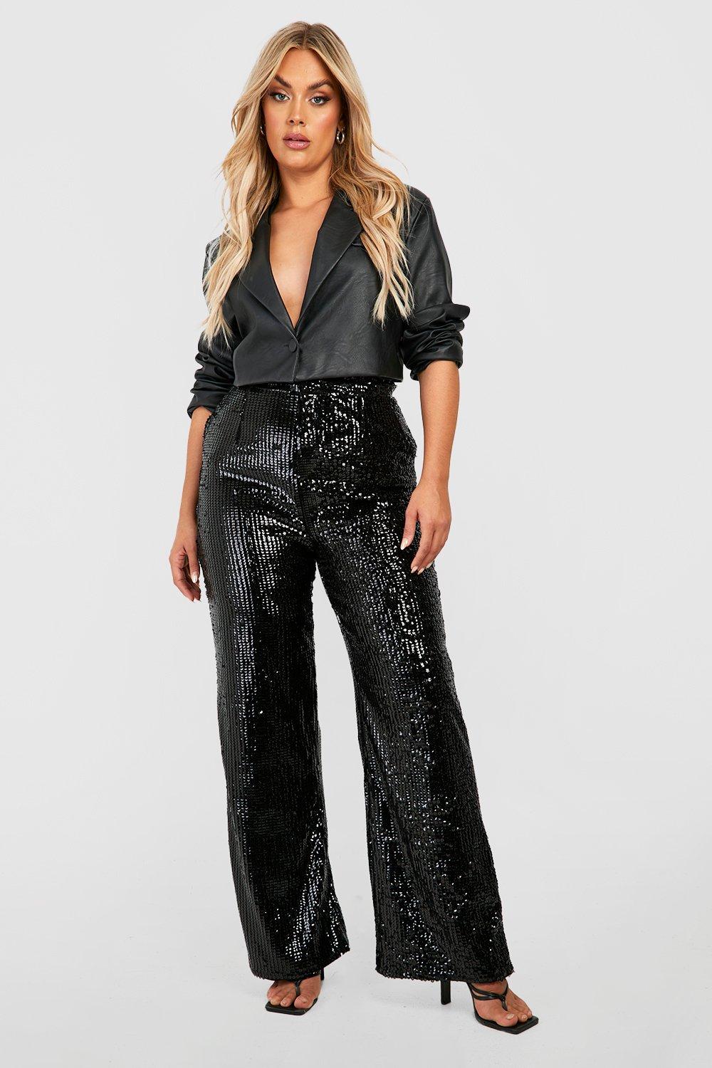 Black Satin Sequin Embellished Wide Leg Trousers