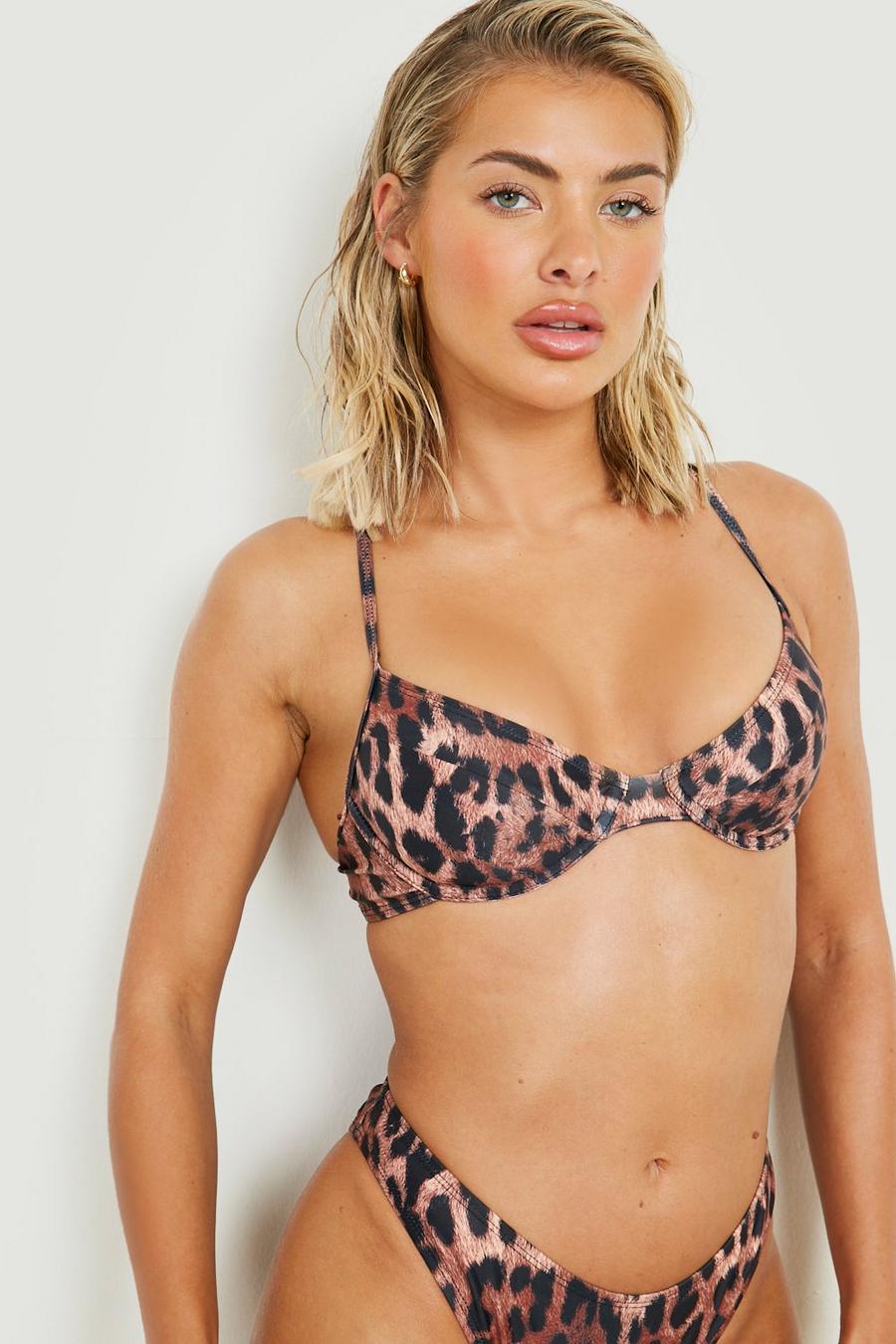 Brown marron Leopard Underwired Strappy Bikini Top