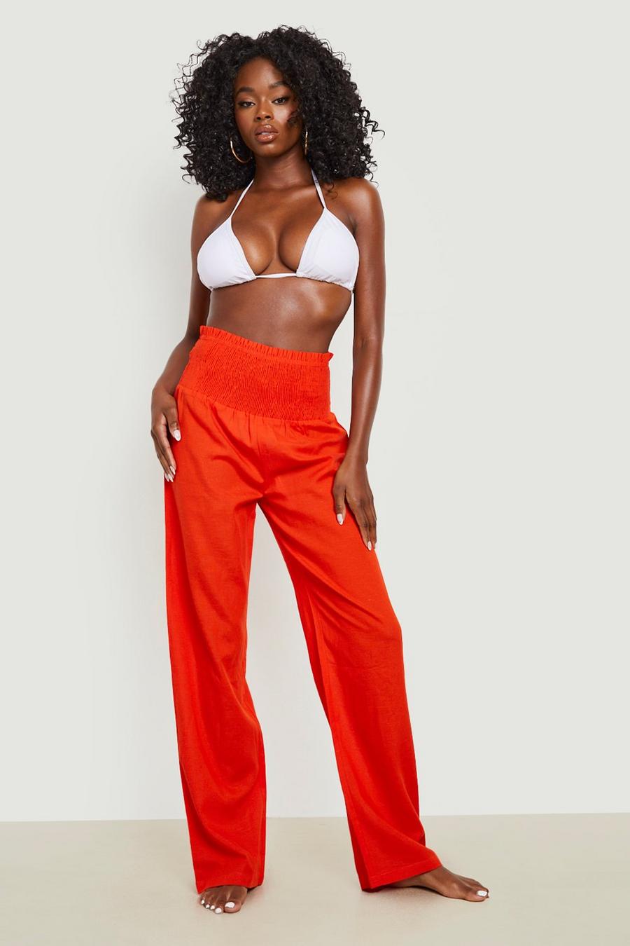 Red orange Linen Shirred Waistband Beach Pants image number 1
