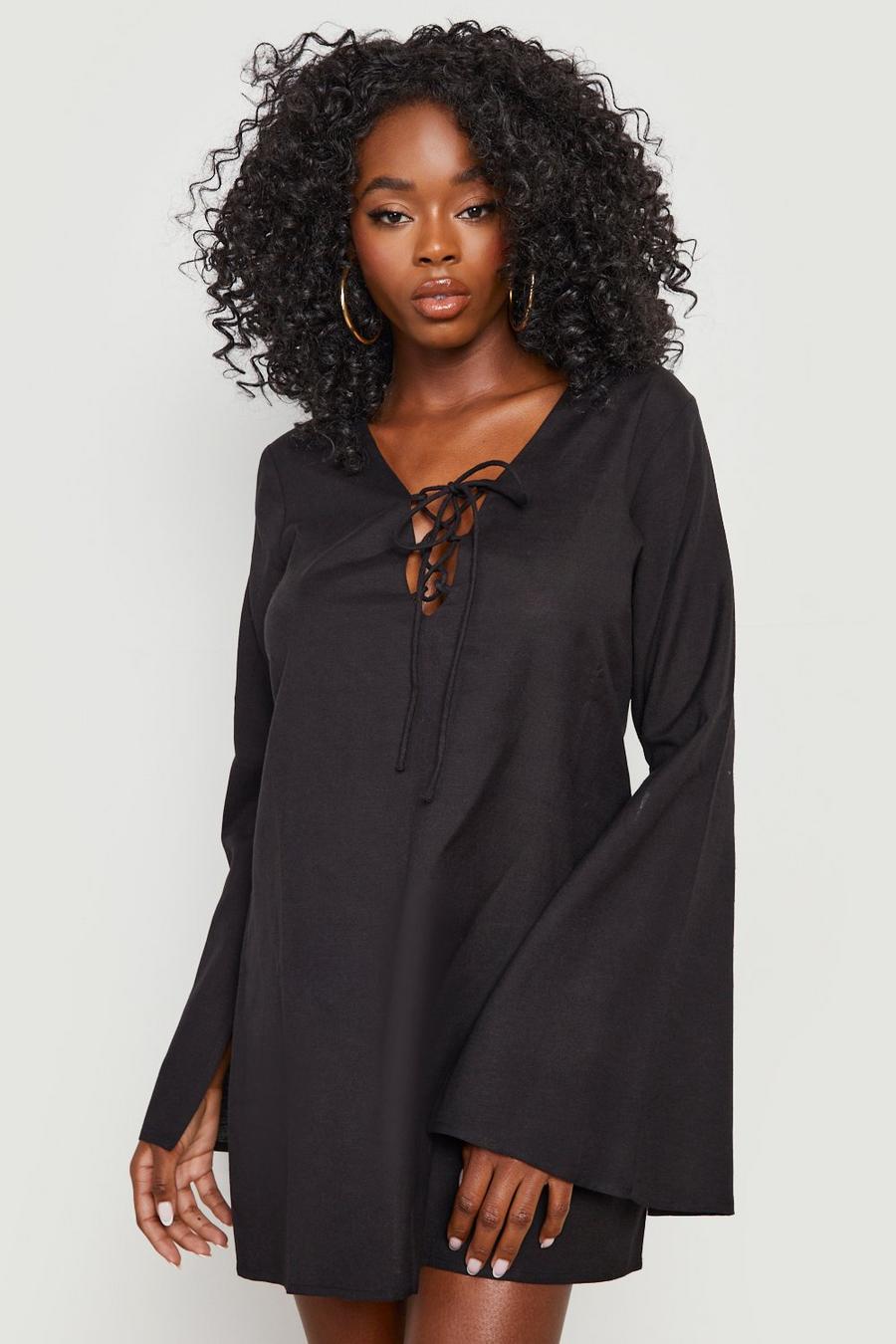 Black Linen Look Tie Plunge Cover Up Beach Dress image number 1
