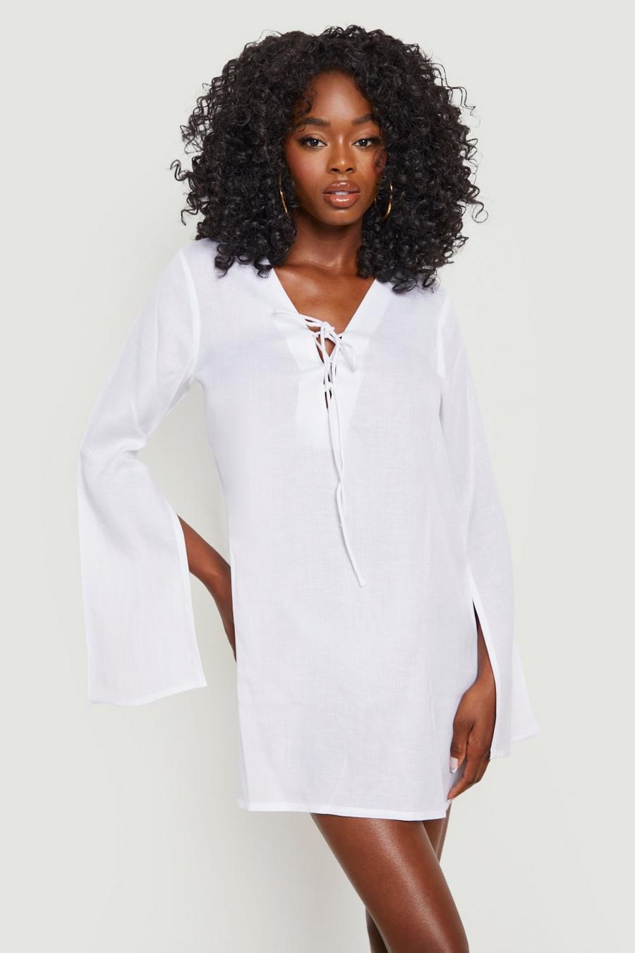 Off white Linen Look Tie Plunge Cover Up Beach Dress image number 1