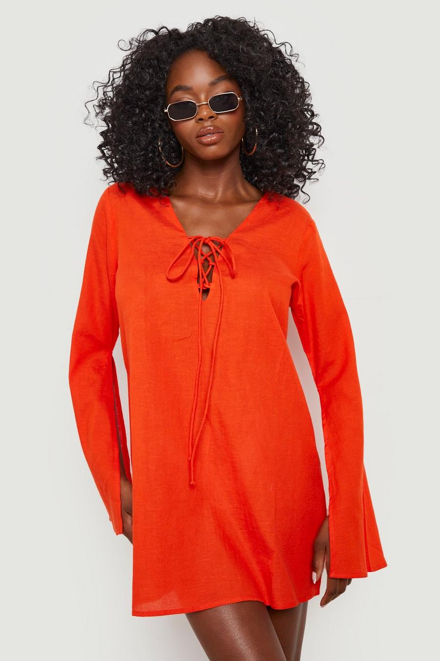 Red orange Linen Look Tie Plunge Cover Up Beach Dress image number 1