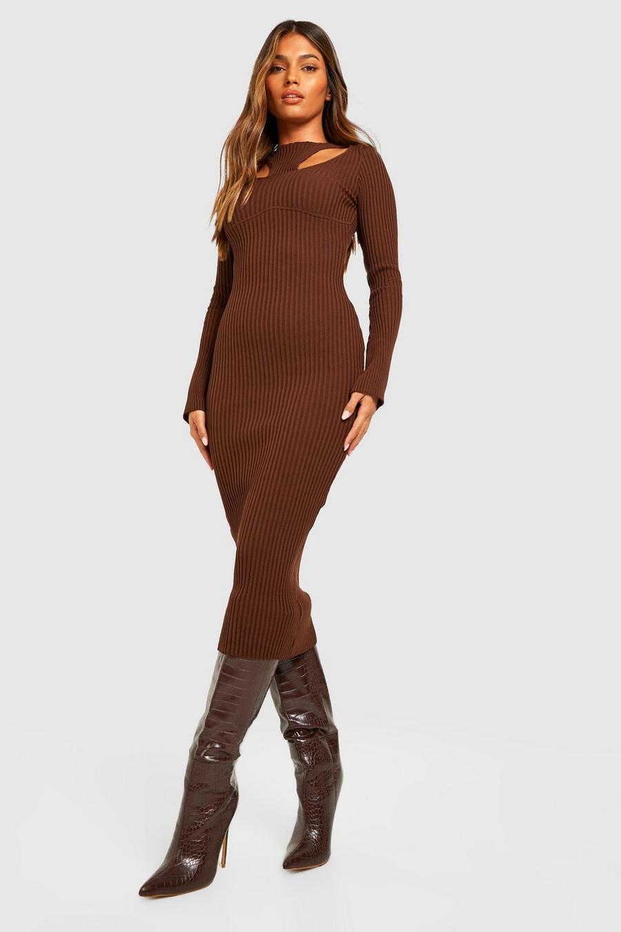 Chocolate Cut Out Neckline Rib Knitted Dress image number 1