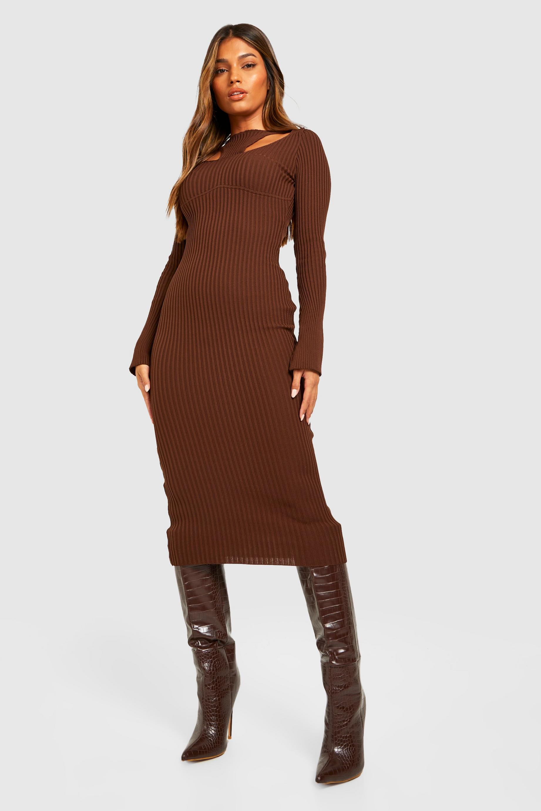 Cut Out Neckline Rib Knitted Dress