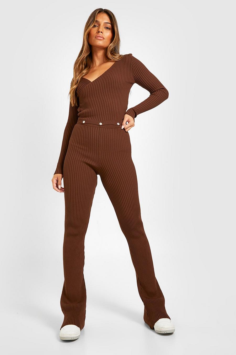 Chocolate marron Cut Out Back Button Together Knitted Co-ord