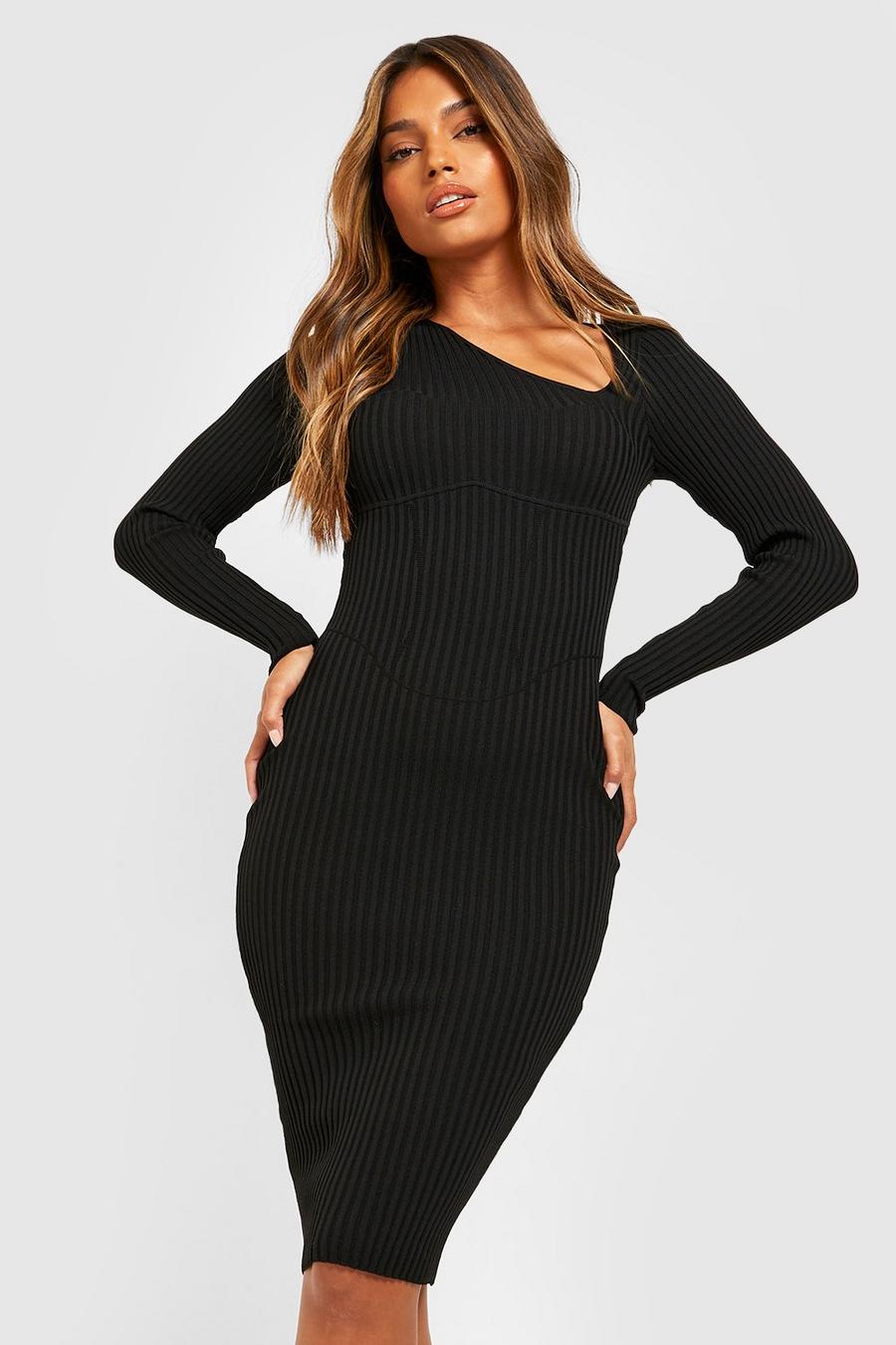 Black svart Asymmetric Cut Out Knitted Corset Dress image number 1