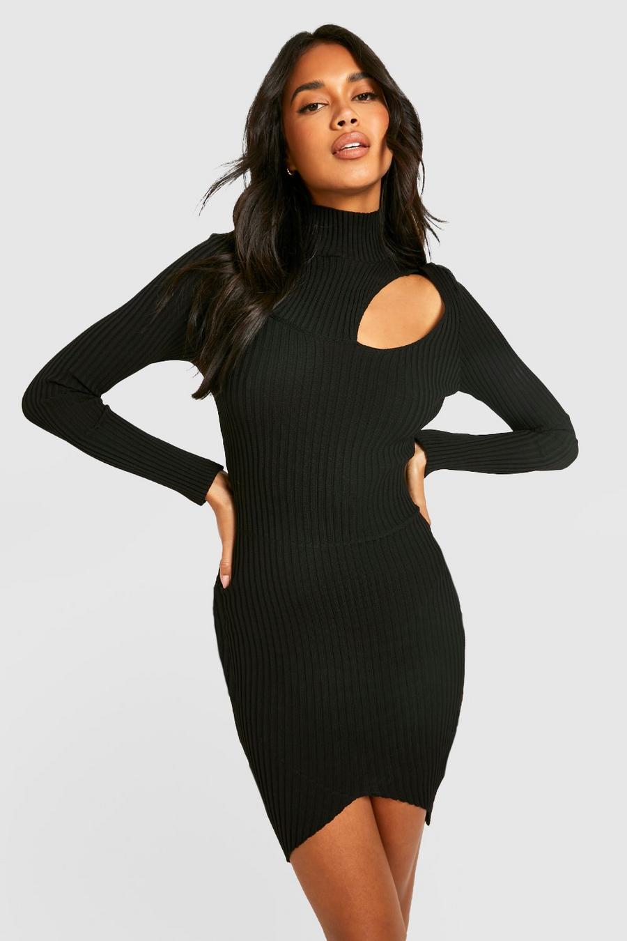 Black High Neck Cut Out Detail Rib Knitted Dress image number 1