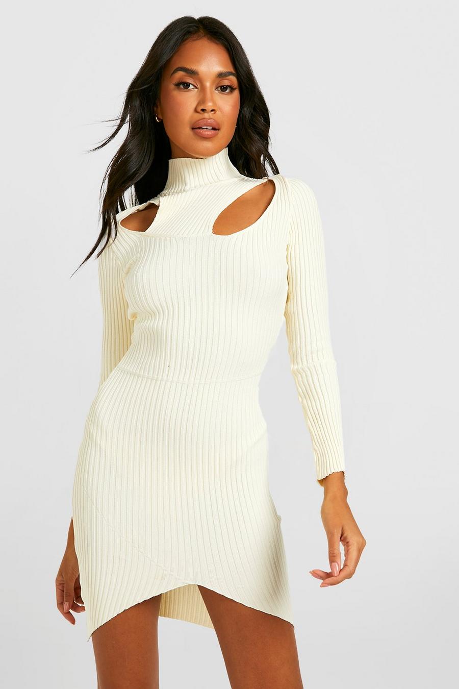 Ivory white High Neck Cut Out Detail Rib Knitted Dress
