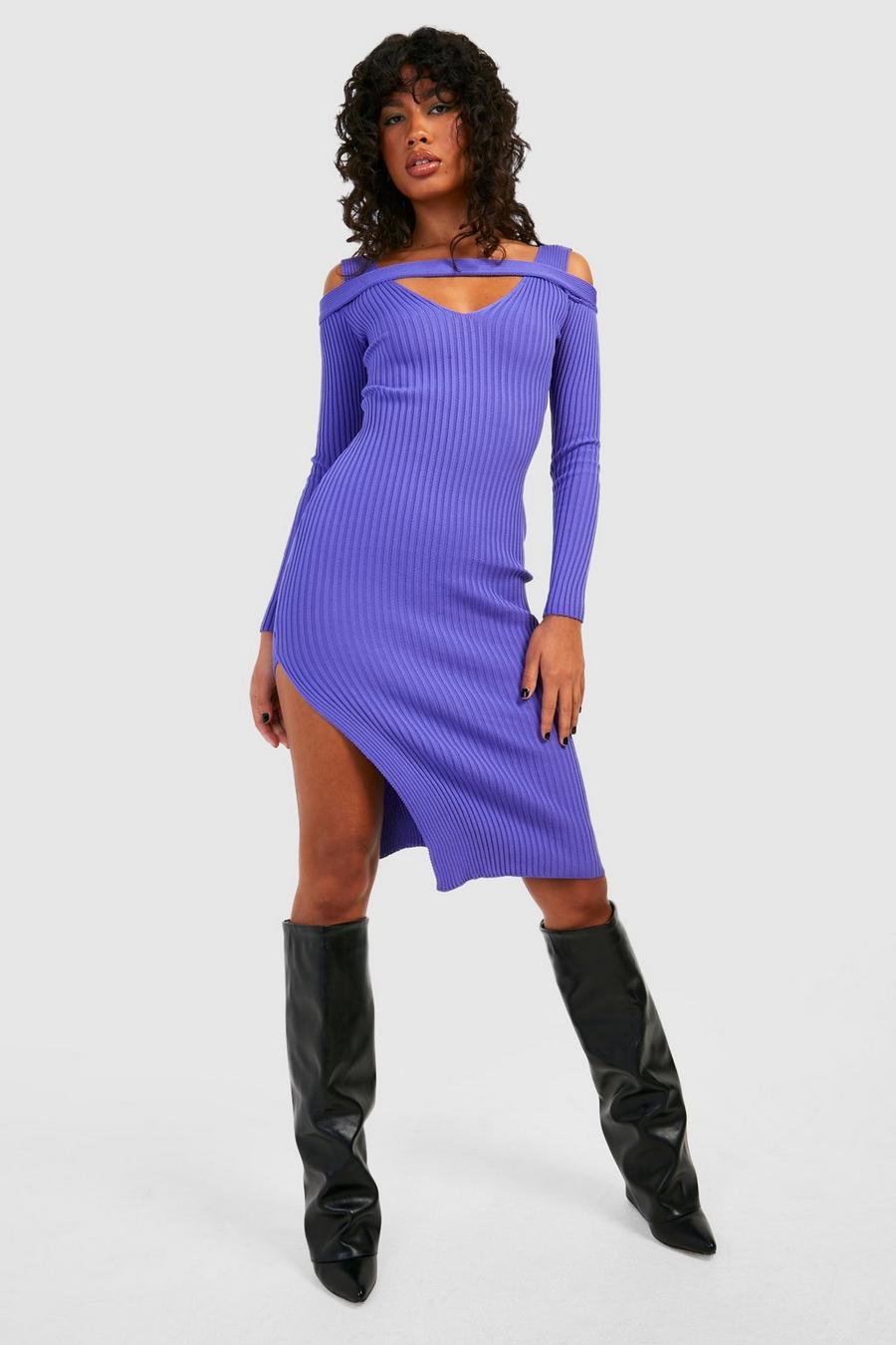 Purple Cut Out Detail Split Hem Knitted Midi Dress