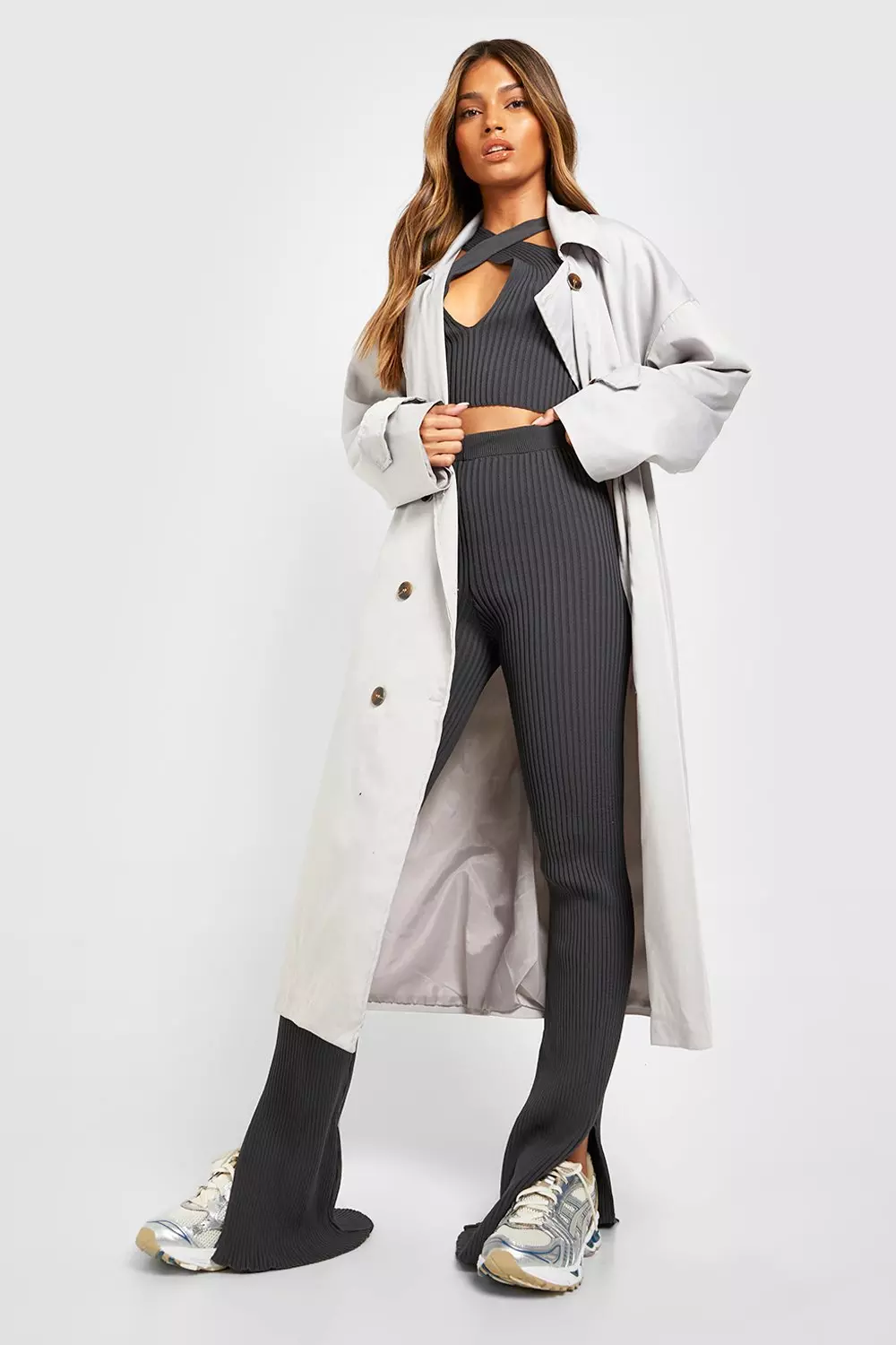 Charcoal Cut Out Split Flare Hem Knitted Set alternative image