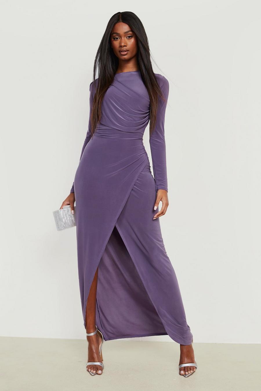 Purple Långärmad långklänning i glansigt tyg image number 1