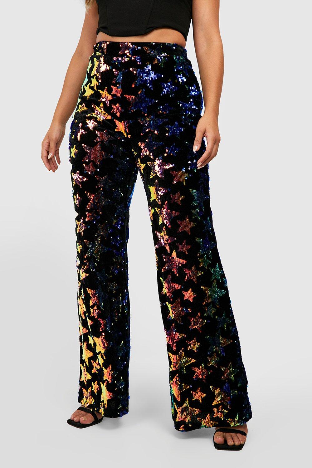 Plus Size Sequin Checkerboard Flare Pants