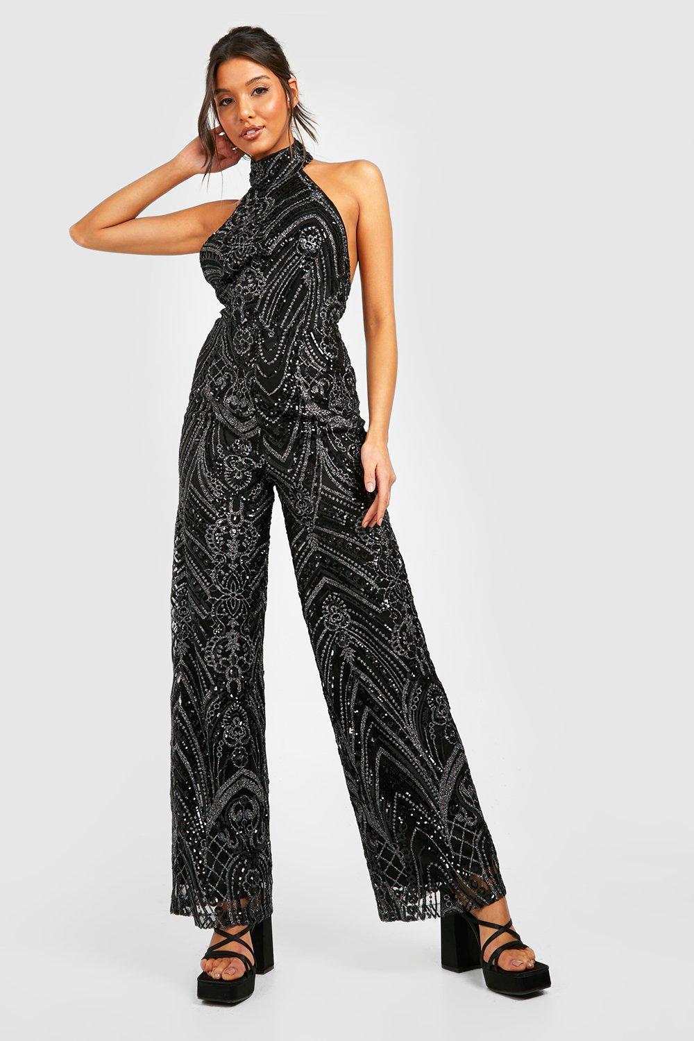 Sequin Halter Neck Flare Jumpsuit