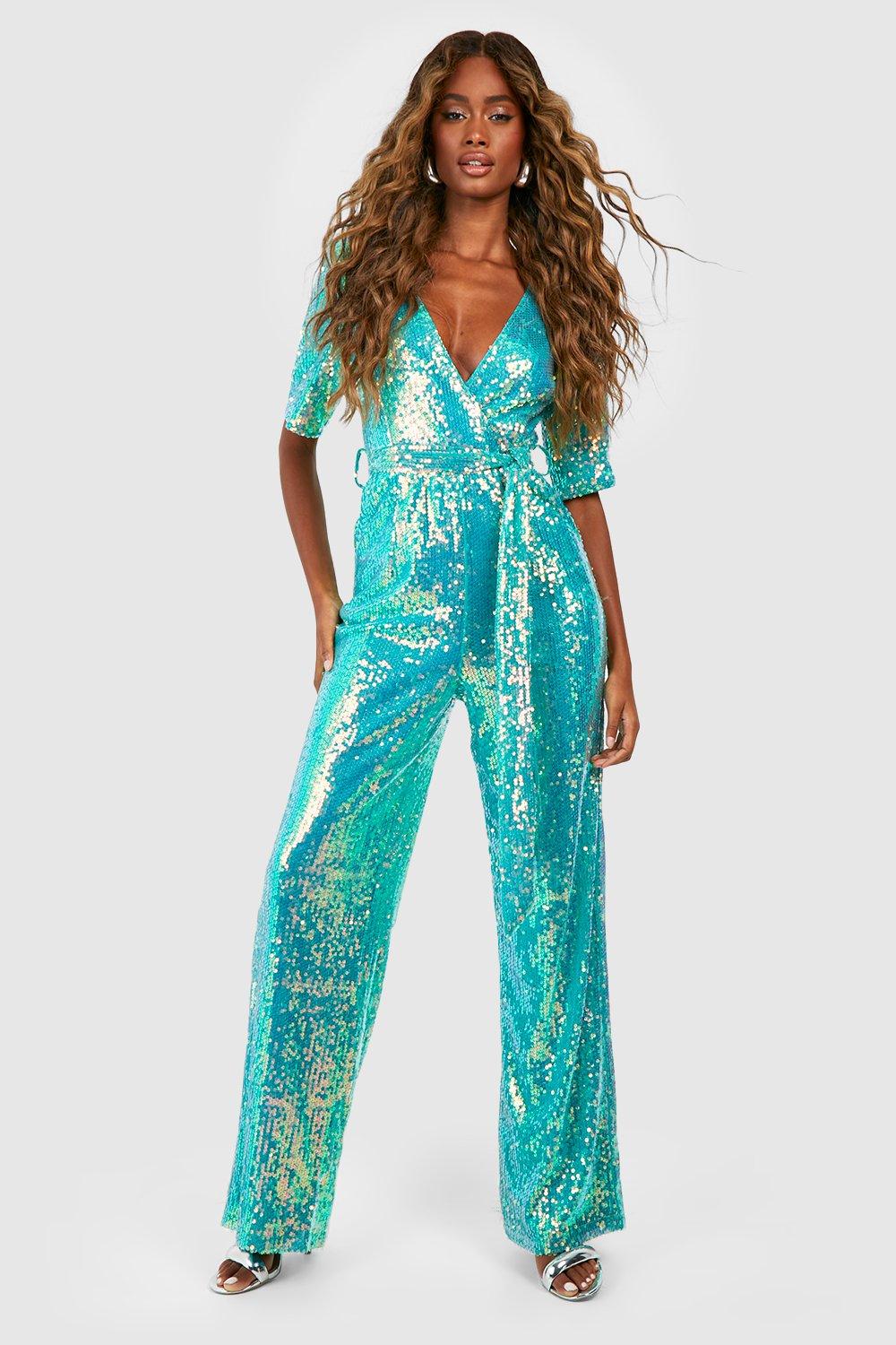 Blue Sequin Jumpsuits | boohoo UK