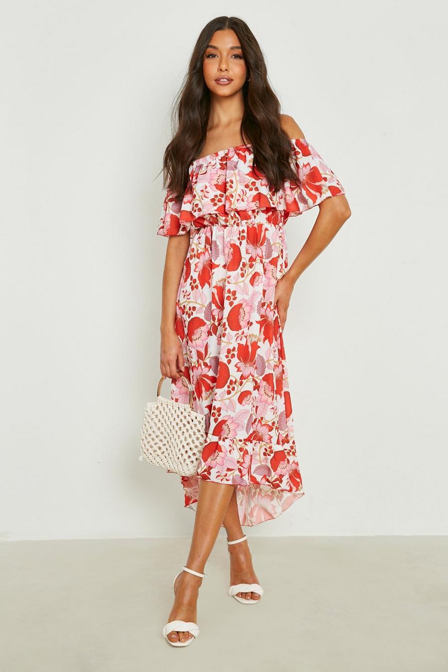 Red Woven Paisley Print Off The Shoulder Maxi Dress image number 1