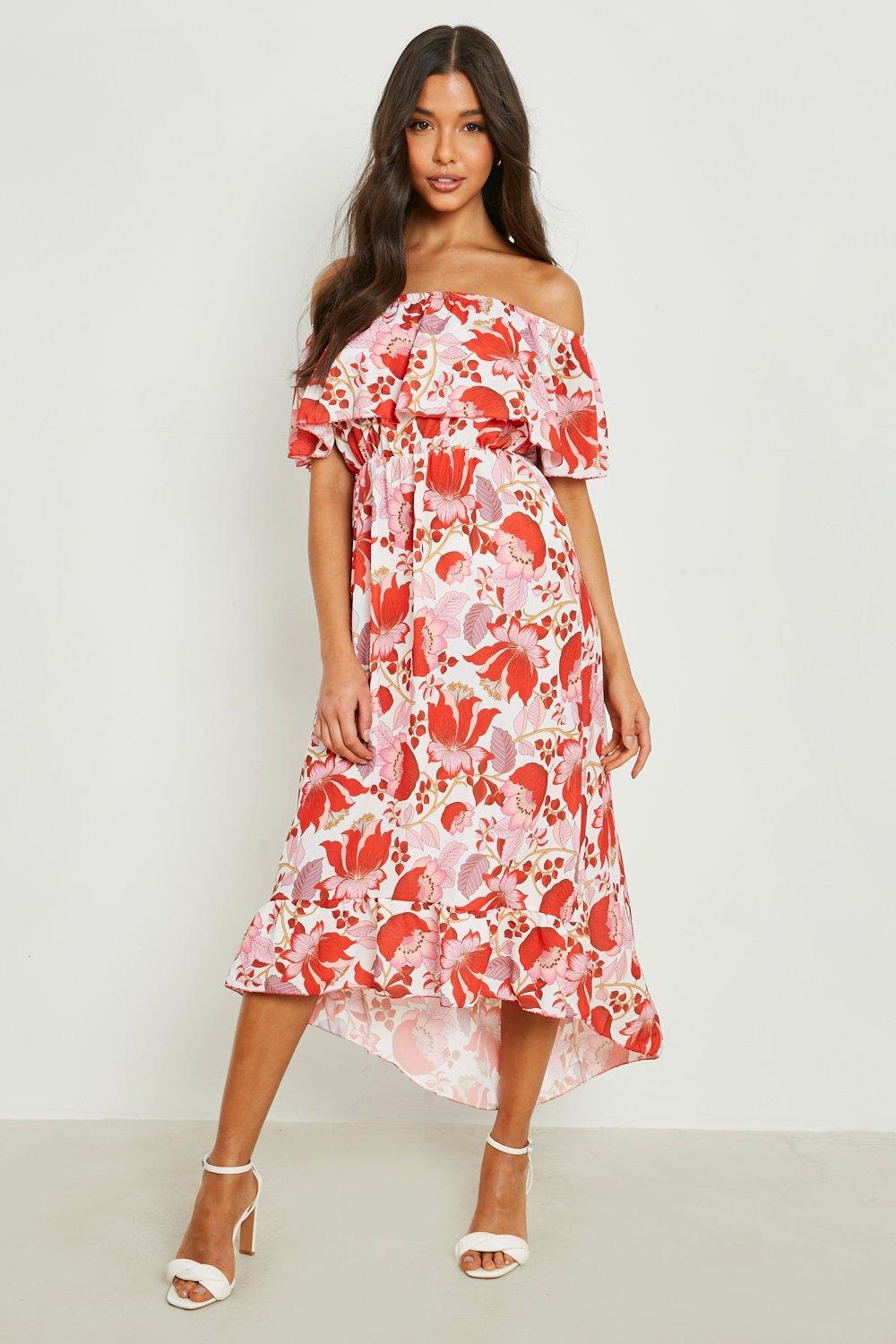 Boohoo red off on sale the shoulder dress