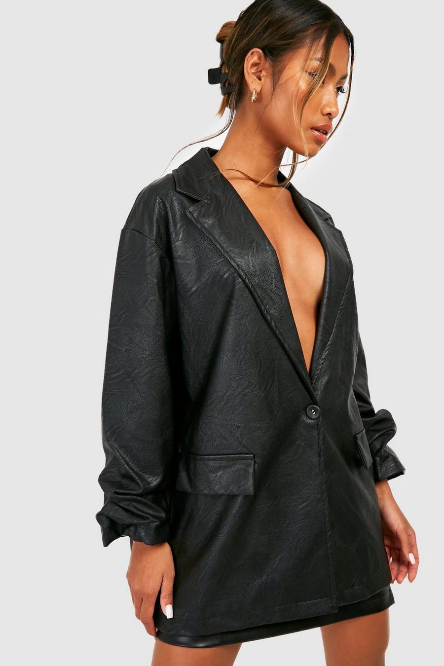 Black Faux Leather Oversized Ruched Sleeve Blazer image number 1