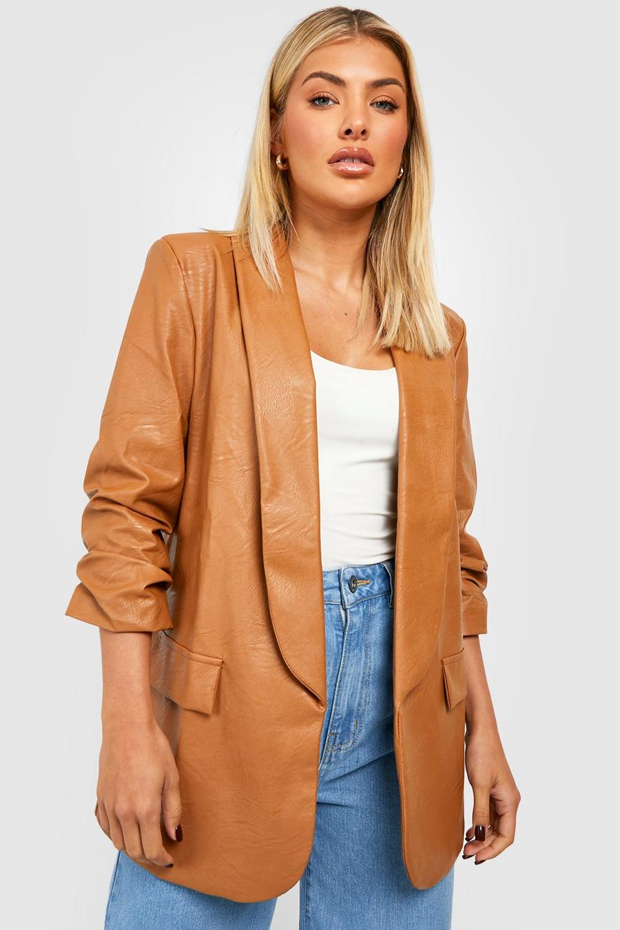 Camel beige Faux Leather Ruched Sleeve Blazer