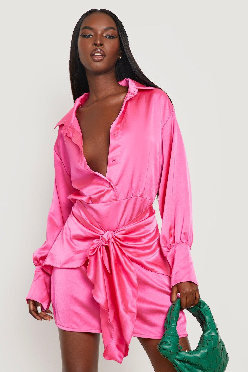 Pink satin cheap shirt dress