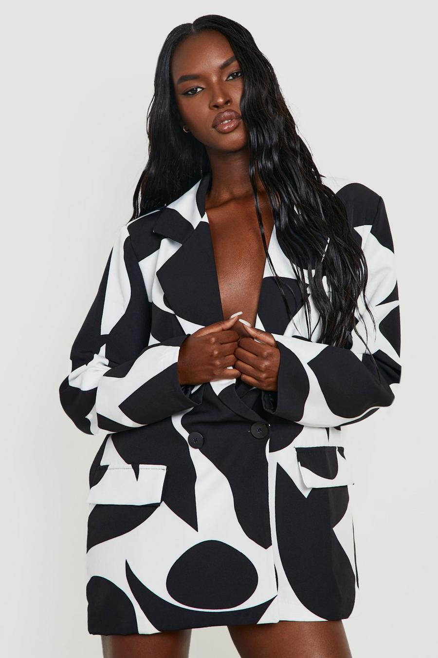 Black Abstract Printed Oversized Blazer image number 1