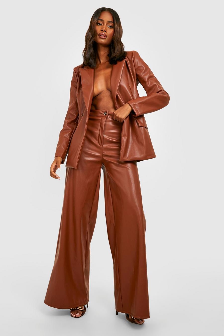 Chocolate Leather Look Super Wide Leg Pants image number 1