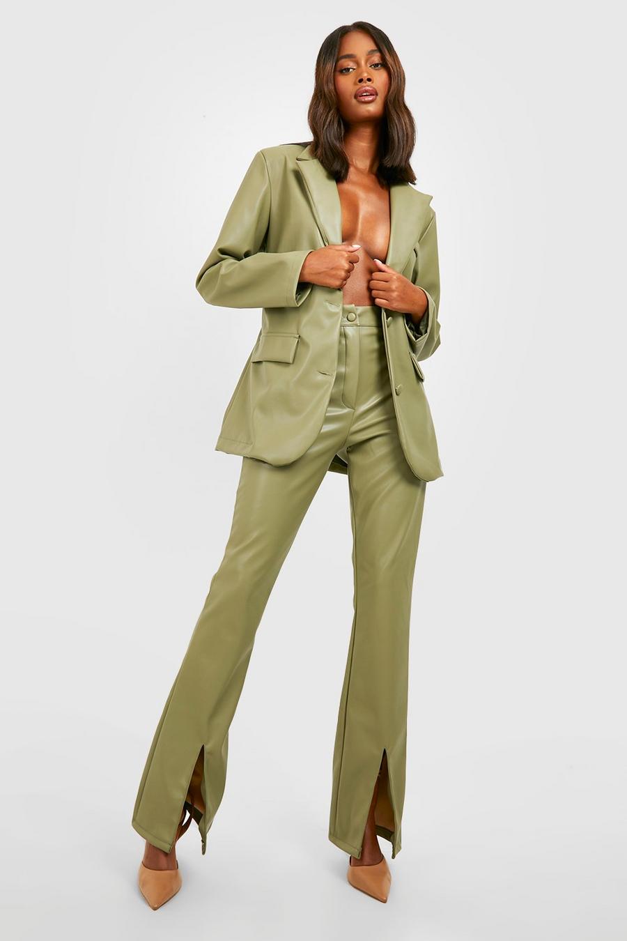 Sage Leather Look Split Front Tailored Trousers  image number 1