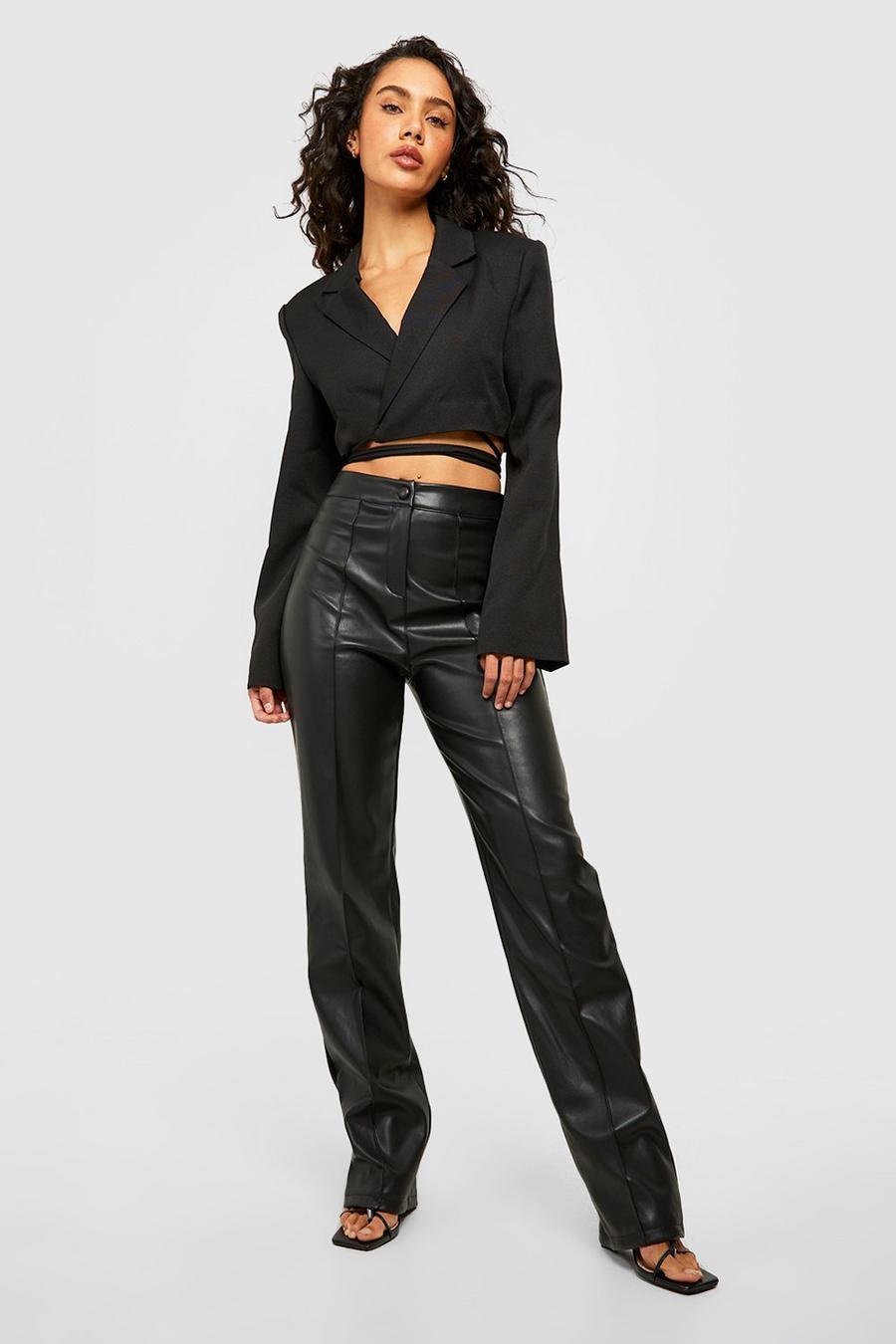 Black Leather Look Seam Front Tailored Pants image number 1
