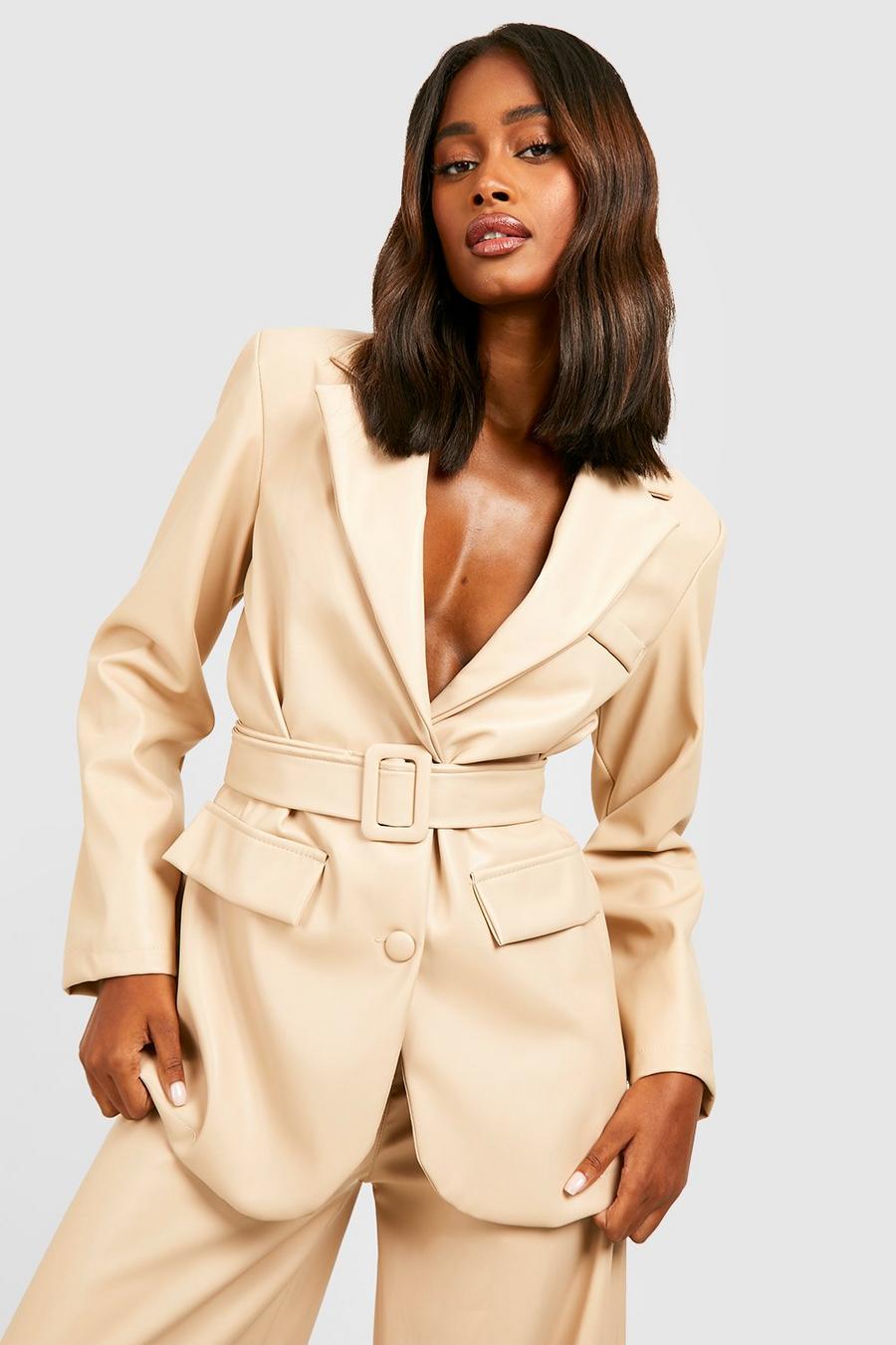 Sand beige Faux Leather Belted Oversized Tailored Blazer