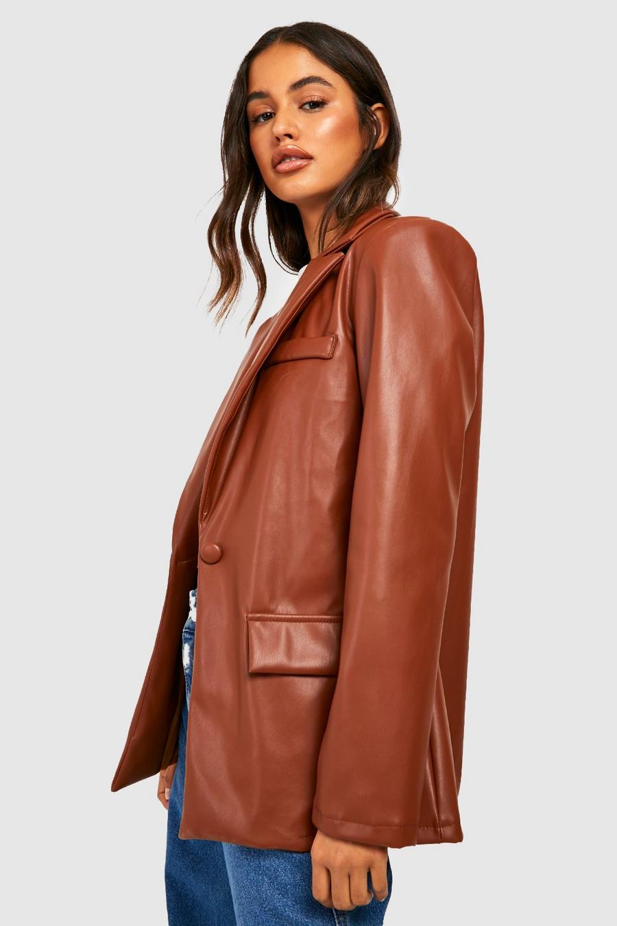 Chocolate Leather Look Oversized Mansy Blazer image number 1