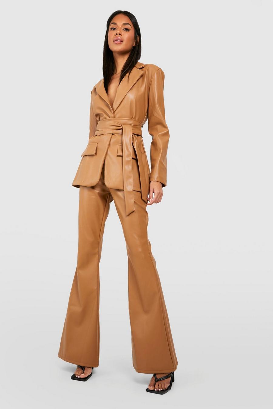 Camel Faux Leather Fit & Flare Pants image number 1