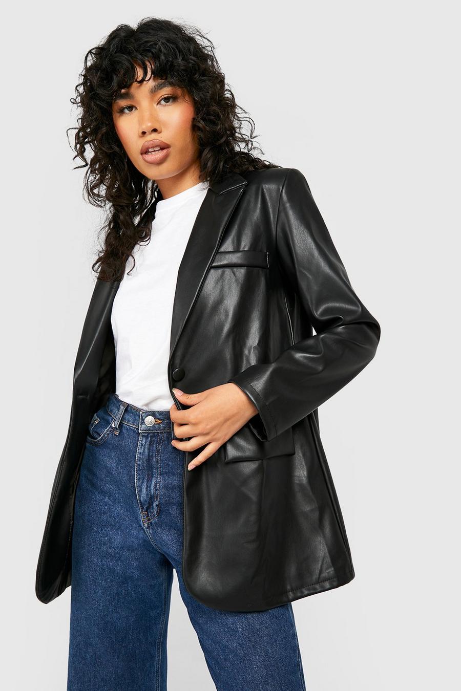 Black Leather Look Plunge Oversized Tailored Blazer image number 1