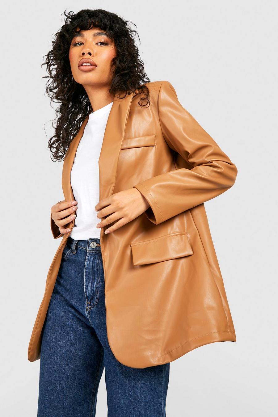 Camel Faux Leather Plunge Oversized Tailored Blazer image number 1