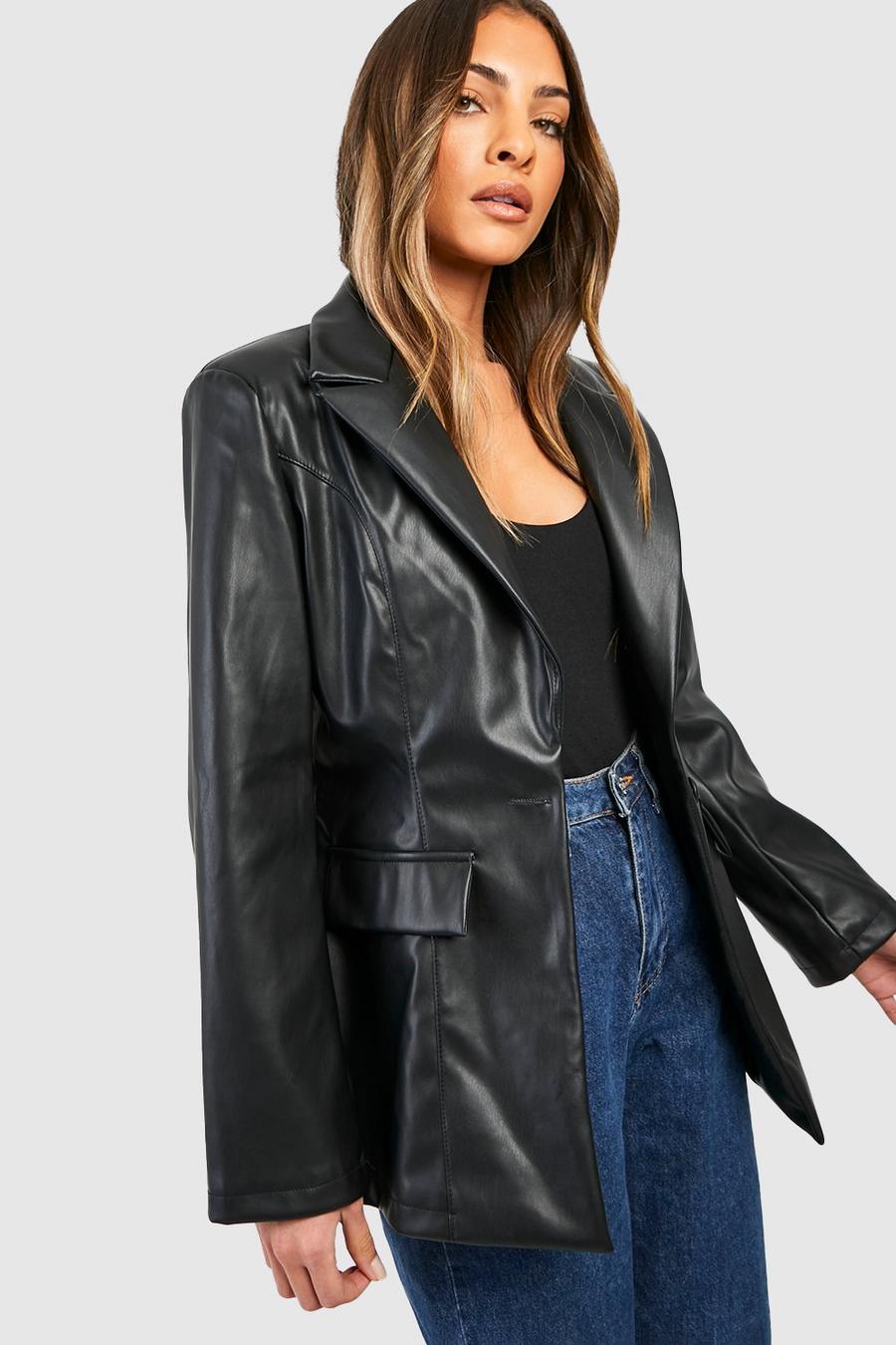 Black Faux Leather Plunge Contour Tailored Blazer image number 1