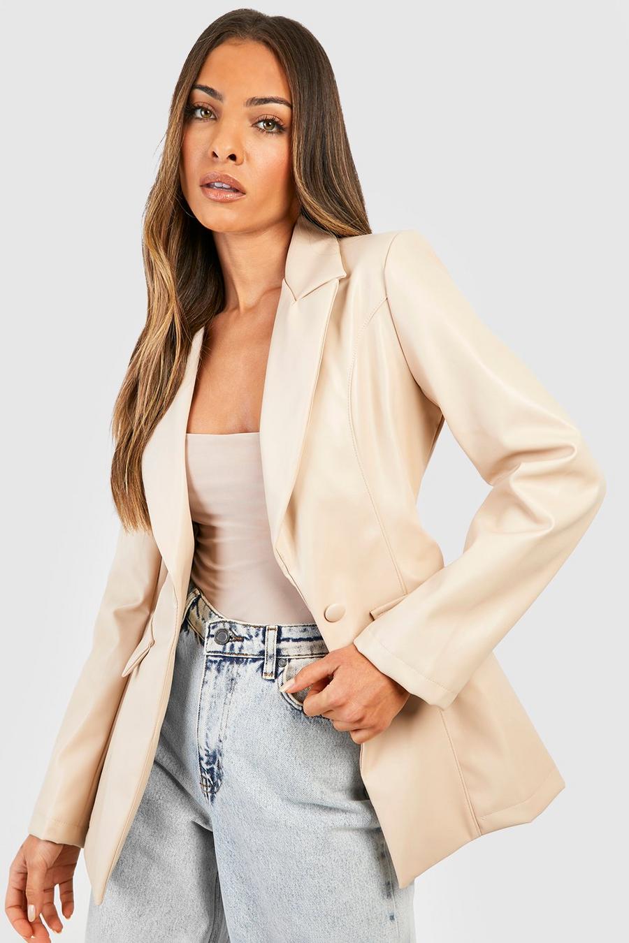Sand Faux Leather Plunge Contour Tailored Blazer image number 1