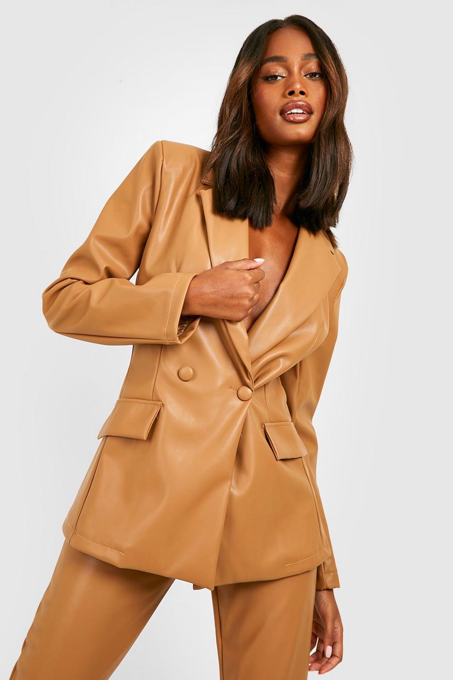 Camel Faux Leather Plunge Fitted Tailored Blazer image number 1