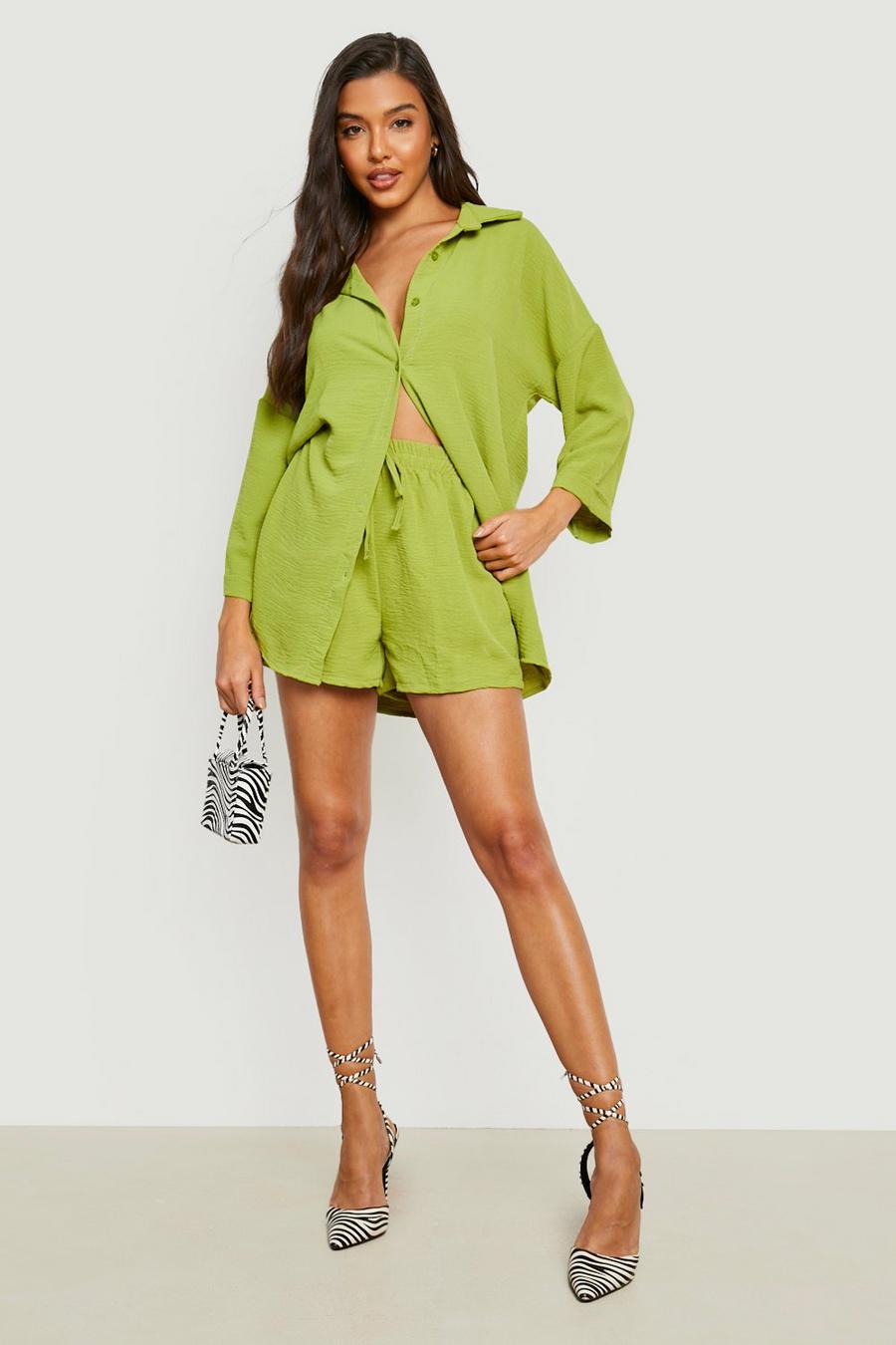 Lime green Textured Woven Oversized Shirt & Shorts Set