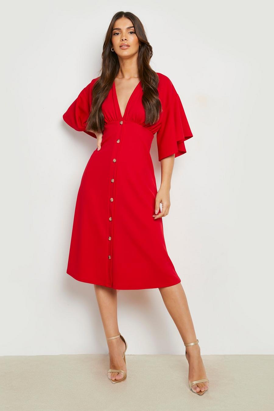 Red Button Down Angel Sleeve Midi Dress image number 1