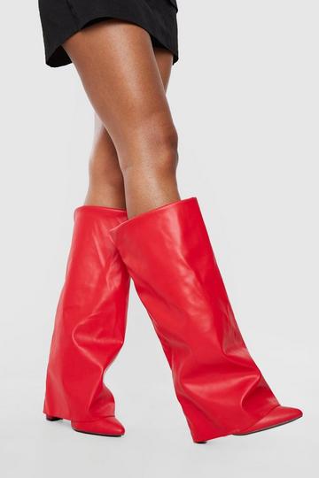 Fold Over Heeled Boots red